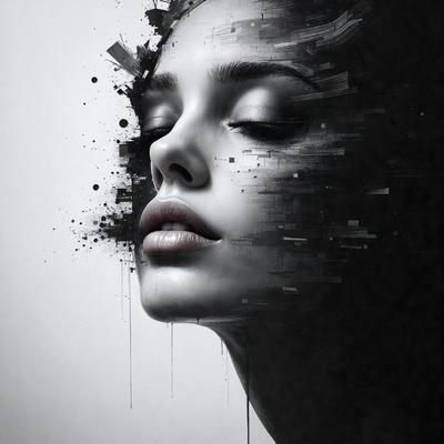 The primary subject of the image is a woman with a beautiful face. She is the main focus of the image, and her face is the center of attention. The setting is a black and white background, which adds a dramatic and artistic touch to the image. The visual style is a combination of a photo and digital art, creating a unique and captivating portrait. The colors and mood of the image are predominantly black and white, which gives it a classic and timeless feel.